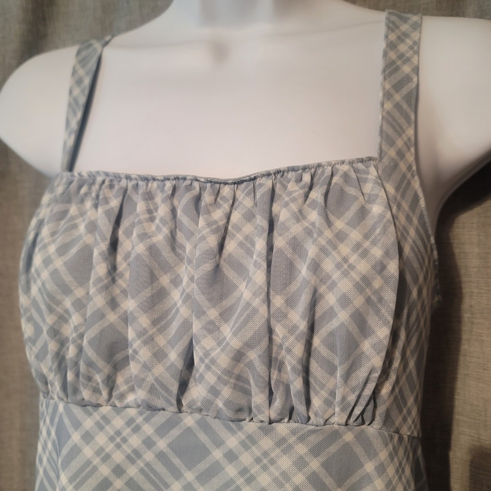 Social Tourist Blue White Plaid Ruched Mini Dress Womens Size S Empire Waist Y2K - Picture 2 of 6